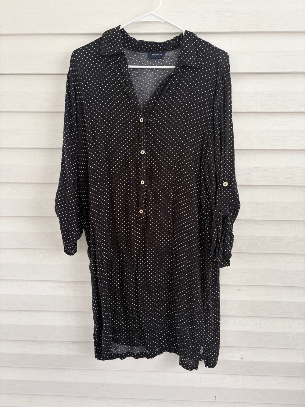 Nautica L Black White Polka Dot Shirt Dress Button Front Preppy Classic